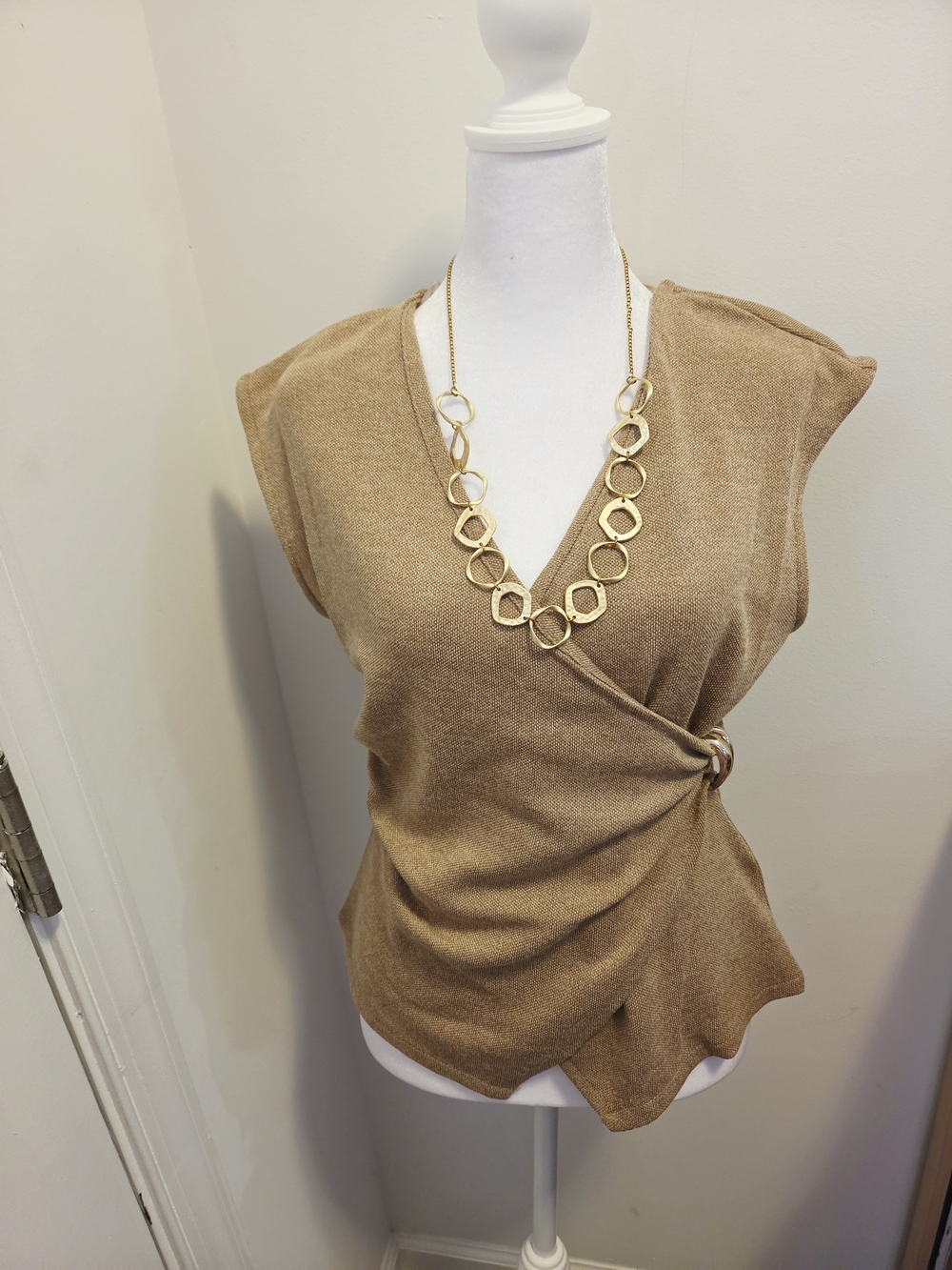 TRUTH Tan Faux Wrap Knit Top with Gold Side Decoration
